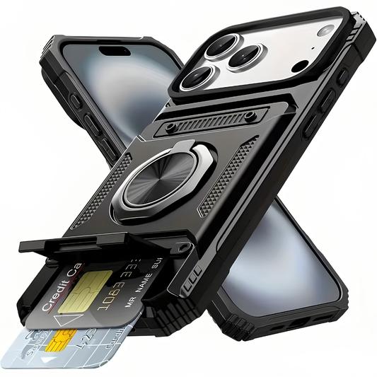 Black rugged phone case shown from front and rear, with a round folding ring and an open lower compartment holding two cards.