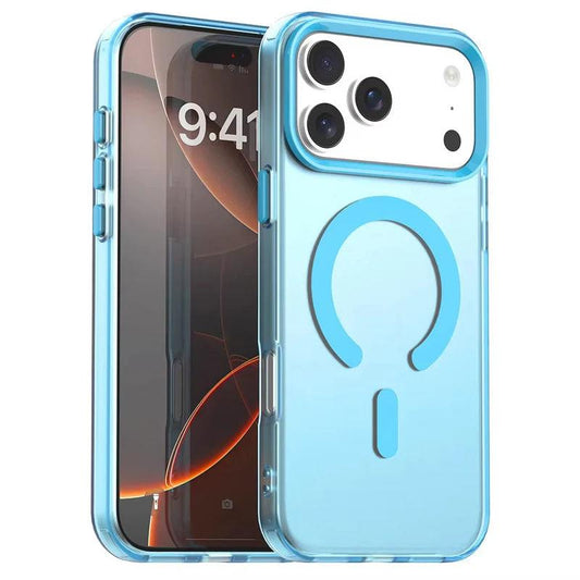 Front and rear views show a pale blue translucent phone case with bright blue camera trim, a matching open circular ring and short bar on the back.