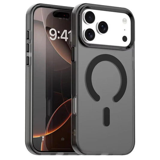 Front and rear views show a smoky gray translucent phone case against white. Black trim surrounds the broad camera opening, with a matching horseshoe-shaped ring and short bar on the back.