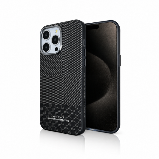 Front and rear views of a black phone case stand together against white. The back combines fine checks, diagonal woven-style sections and a larger checkerboard band beneath a silver-colored camera frame.