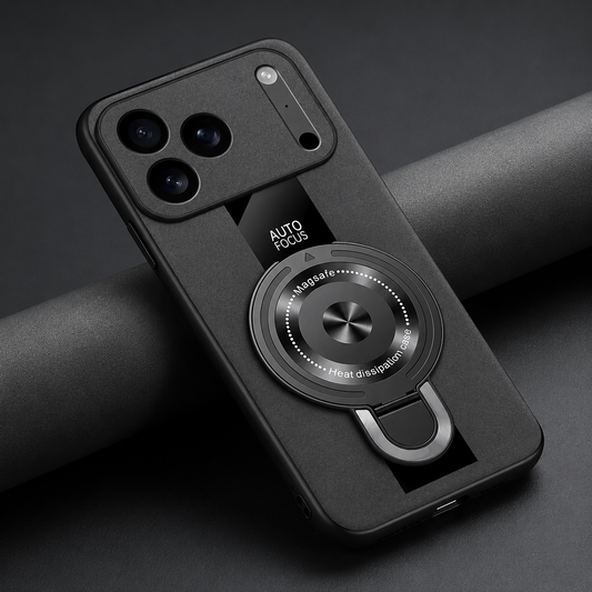 A black textured phone case rests diagonally across a black material roll, showing its broad camera panel, glossy stripe and round rear attachment with a folded loop.