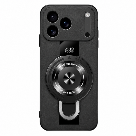 A black textured phone case stands against white, with a broad camera panel and glossy vertical stripe. A large round rear attachment has a metallic-looking center and folded loop below.