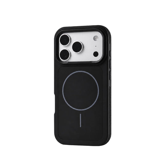 A black phone case stands against white, showing a thin gray circular ring and short bar on its matte back beneath a broad raised camera opening.