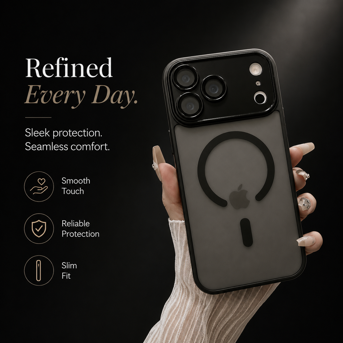 A hand in a pale knit sleeve holds a smoky black frosted phone case upright. Text advertises smooth touch, protection and a slim fit.