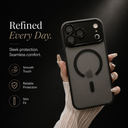 A hand in a pale knit sleeve holds a smoky black frosted phone case upright. Text advertises smooth touch, protection and a slim fit.