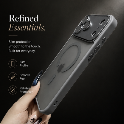 A hand tilts a gray frosted case to show its side buttons, raised camera panel and circular rear ring. “Refined Essentials” text advertises a slim profile, smooth feel and protection.