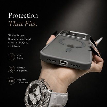 A hand wearing a jeweled watch tilts a gray frosted case to display the bottom charging opening and speaker holes. Text advertises a slim profile, protection and MagSafe compatibility.
