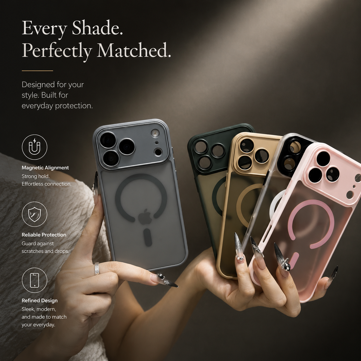 Hands hold gray, green, gold-colored, white and pink frosted phone cases fanned together. Each has a matching rear ring and camera panel; text advertises magnetic alignment, protection and the design.