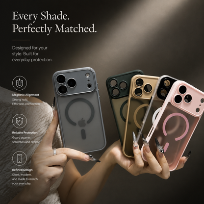Hands hold gray, green, gold-colored, white and pink frosted phone cases fanned together. Each has a matching rear ring and camera panel; text advertises magnetic alignment, protection and the design.
