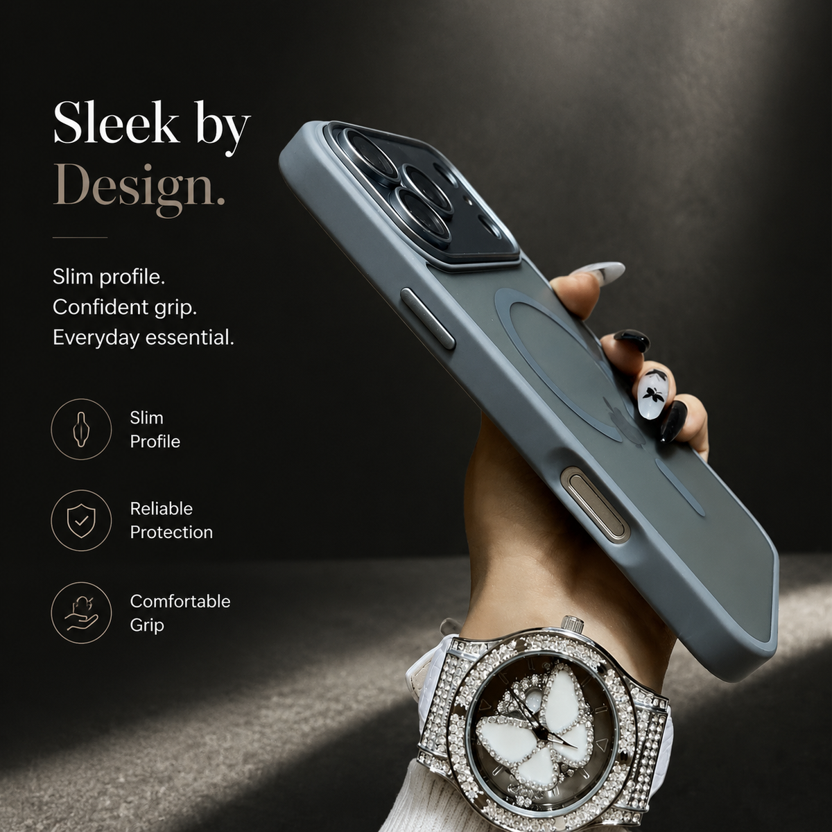 A hand wearing a jeweled watch holds a gray frosted phone case edge-on, revealing its side button and elongated control opening. Text advertises a slim profile, protection and comfortable grip.