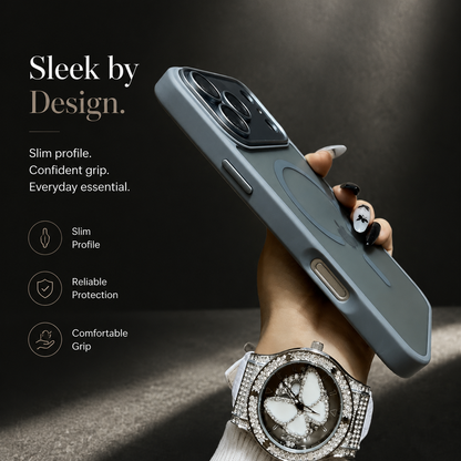 A hand wearing a jeweled watch holds a gray frosted phone case edge-on, revealing its side button and elongated control opening. Text advertises a slim profile, protection and comfortable grip.