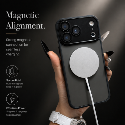A hand holds a smoky black frosted phone case with a round silver-colored wired charger attached to its back. “Magnetic Alignment” text advertises secure attachment and charging.