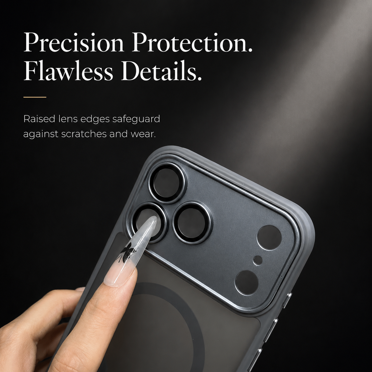 A decorated fingernail points to a raised lens rim on a gray frosted case’s broad camera panel. Text advertises raised lens edges that protect against scratches and wear.