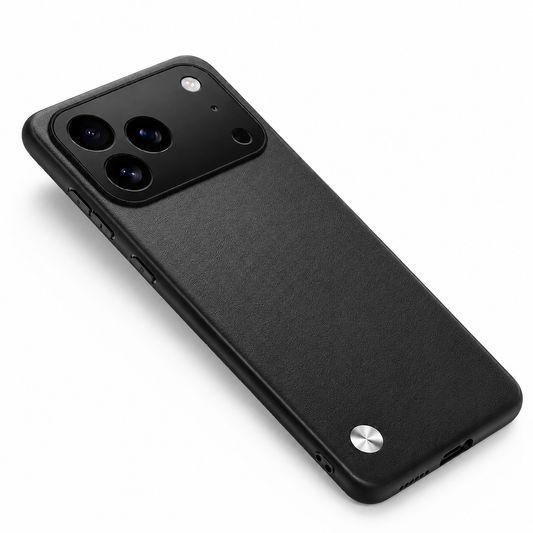 Black phone case lying diagonally against white, with a fine-textured plain back, broad black camera panel and small silver circular accent near the bottom.