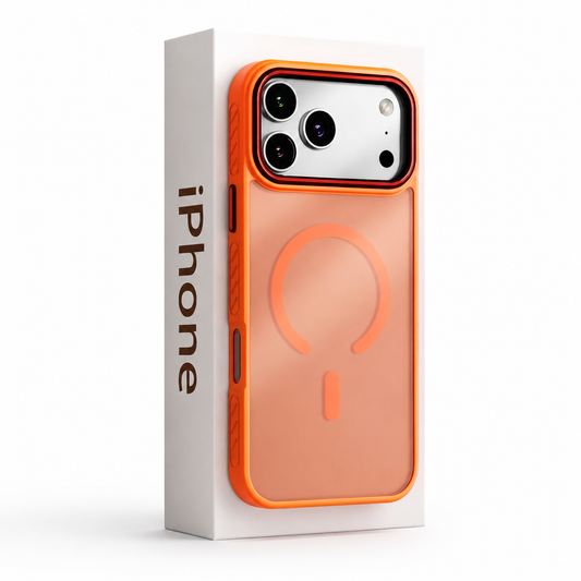 An orange frosted phone case stands against a white iPhone box, showing matching camera trim, an open circular rear ring, short bar and textured side grip sections.