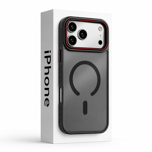 A smoky gray frosted phone case stands against a white iPhone box. A black open circular ring and short bar mark its back, with red detailing around the broad camera frame and side control.