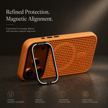 An orange perforated case stands horizontally on its camera-frame stand on a dark surface. Text advertises magnetic alignment, protection, a slim profile and raised camera edges.