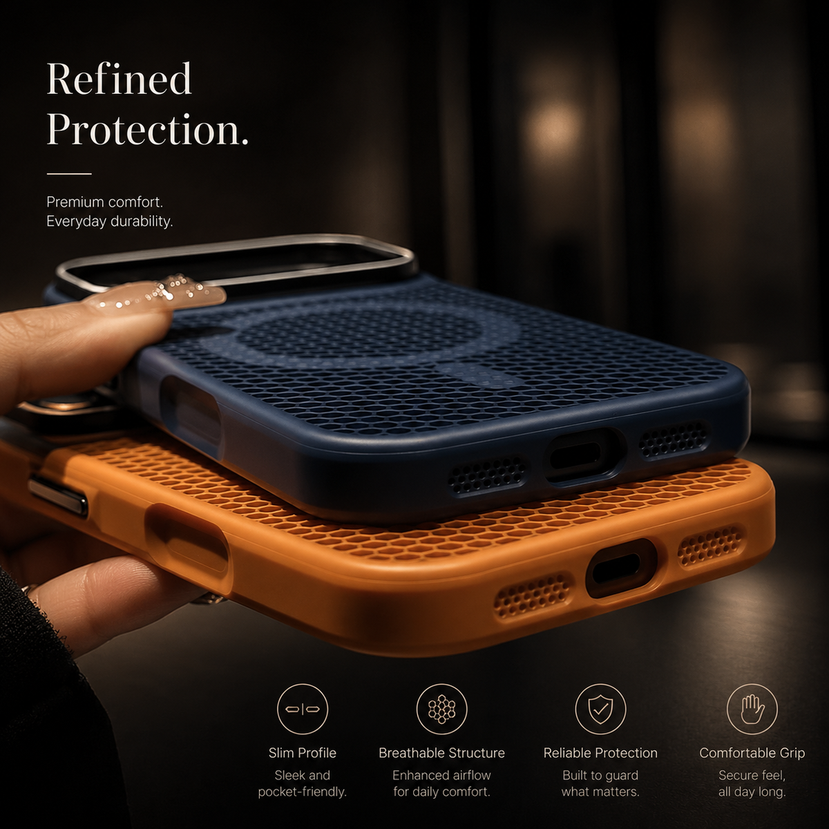 A hand holds stacked navy and orange perforated cases, displaying their bottom charging openings and speaker grilles. Text advertises ventilation, protection and comfortable grip.