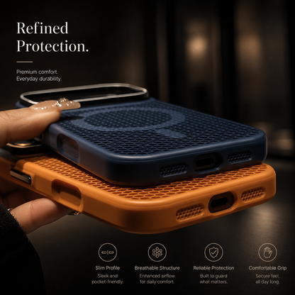 A hand holds stacked navy and orange perforated cases, displaying their bottom charging openings and speaker grilles. Text advertises ventilation, protection and comfortable grip.