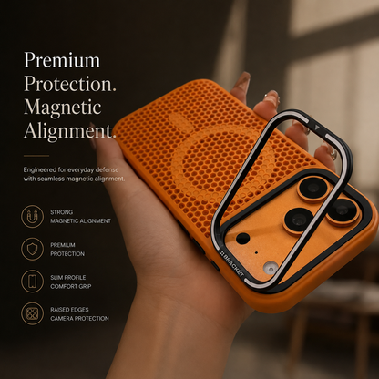 A hand holds an orange perforated case with its rectangular camera-frame stand raised away from the lenses. Text advertises magnetic alignment, protection and raised edges.