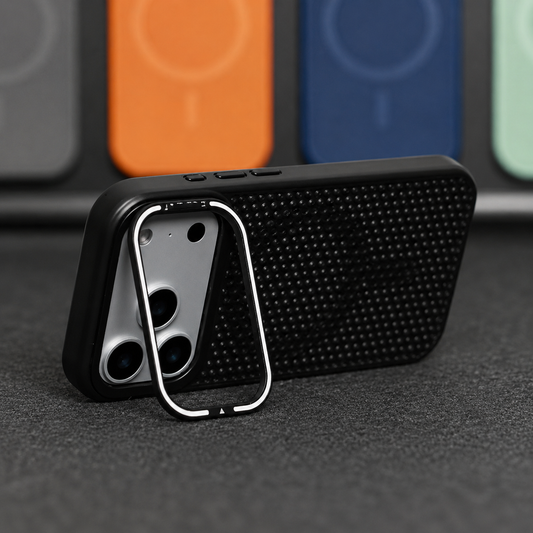 A black perforated phone case stands horizontally on a rectangular camera-frame stand on a dark surface, with blurred colored cases behind it.