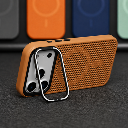 A tan perforated phone case stands horizontally on a rectangular camera-frame stand, showing its circular rear ring and small black side controls.