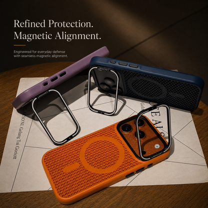 Purple, navy and orange perforated cases are arranged on printed paper, each with its camera-frame stand raised. Text advertises protection and magnetic alignment.