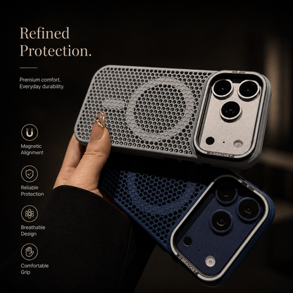 A hand holds gray and navy perforated phone cases together, showing their circular rear rings and broad camera frames. Text advertises magnetic alignment, protection, ventilation and grip.