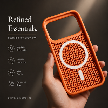 A hand holds an empty orange perforated case with a white magnetic ring and short bar inside. Text advertises MagSafe compatibility, protection and grip.