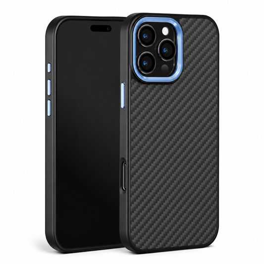Front and rear views show a black diagonal-weave-patterned case with blue side buttons and a blue raised border around three camera lenses.