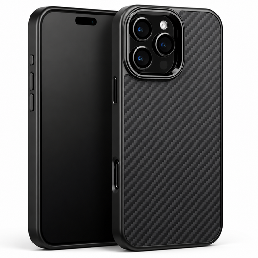 Front and rear views show a black case with a fine diagonal carbon-weave-style pattern, black raised camera surround and matching side buttons.