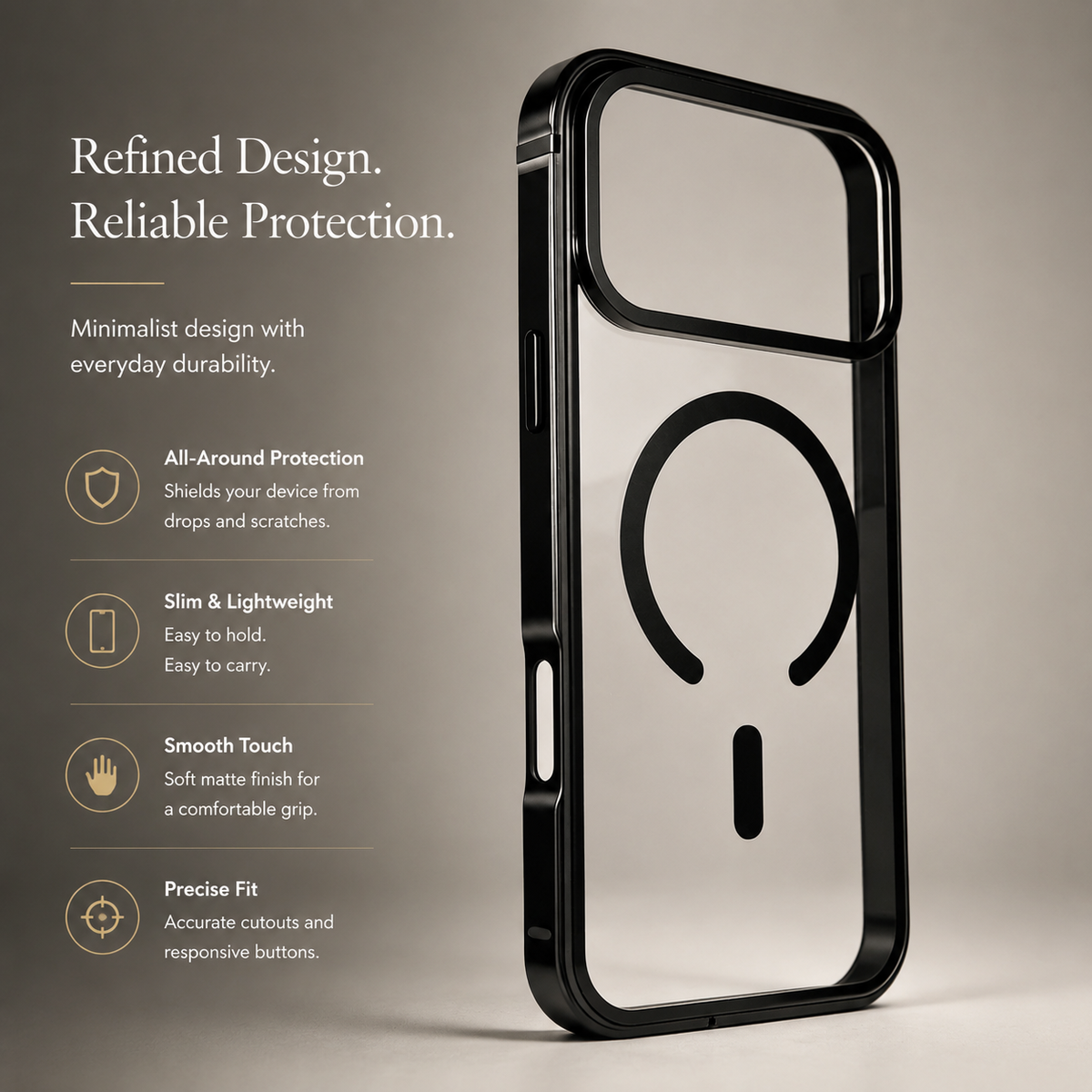 Clear black-edged case stands upright on a beige surface, showing its magnetic ring and raised camera opening. Text advertises protection, a slim profile, smooth touch, and precise fit.