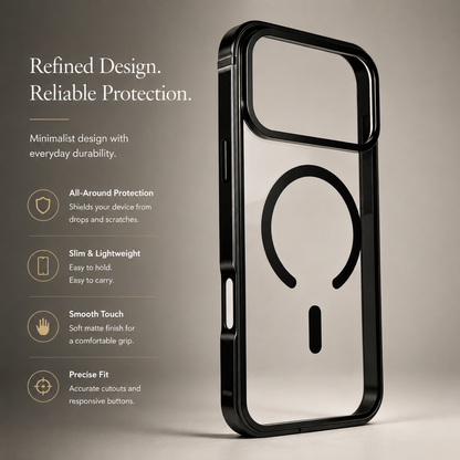 Clear black-edged case stands upright on a beige surface, showing its magnetic ring and raised camera opening. Text advertises protection, a slim profile, smooth touch, and precise fit.