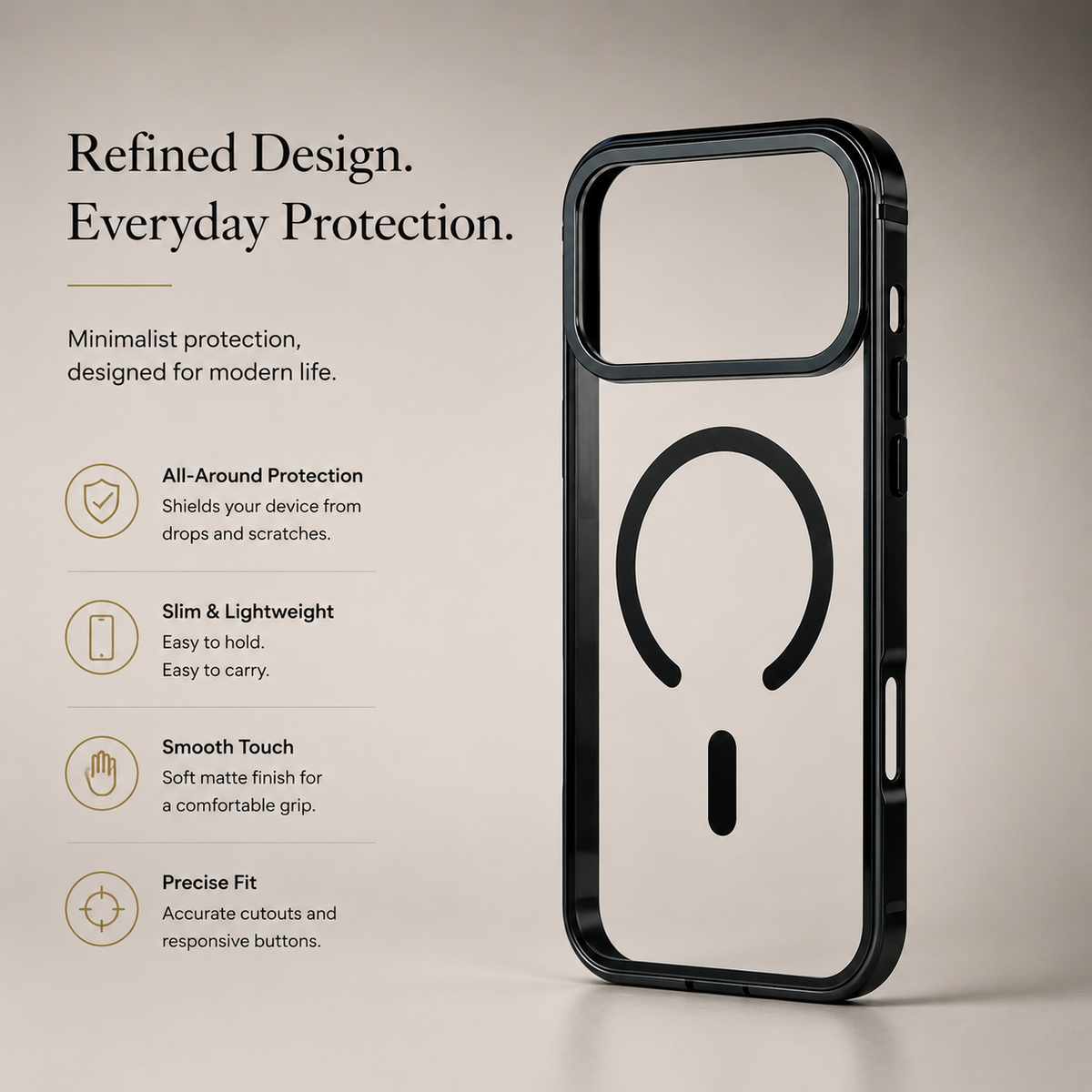 Clear black-edged case stands upright against beige, with a circular magnetic ring and short alignment bar on the transparent back. Text highlights grip, protection, and cutout alignment.