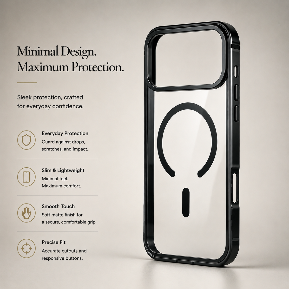Clear case with glossy black border stands upright on beige, showing a circular magnetic ring and raised camera opening. Text advertises a slim profile, comfortable grip, and everyday protection.