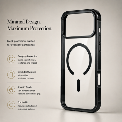 Clear case with glossy black border stands upright on beige, showing a circular magnetic ring and raised camera opening. Text advertises a slim profile, comfortable grip, and everyday protection.