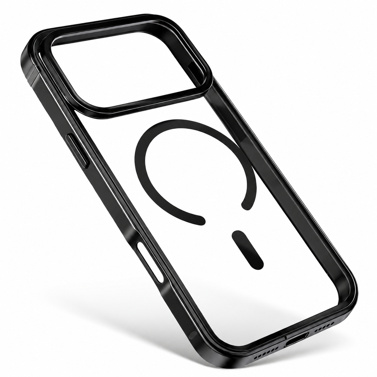 Angled view of an empty clear case with glossy black edges, raised rectangular camera opening, and a black circular magnetic ring with alignment bar. Port and speaker cutouts line the bottom.