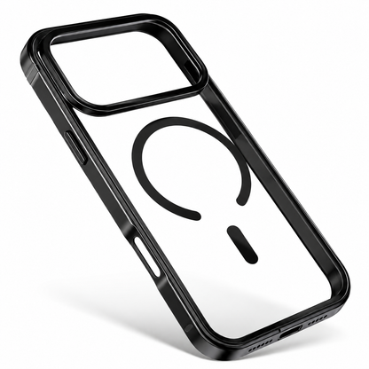Angled view of an empty clear case with glossy black edges, raised rectangular camera opening, and a black circular magnetic ring with alignment bar. Port and speaker cutouts line the bottom.