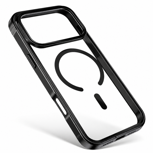 Angled view of an empty clear case with glossy black edges, raised rectangular camera opening, and a black circular magnetic ring with alignment bar. Port and speaker cutouts line the bottom.
