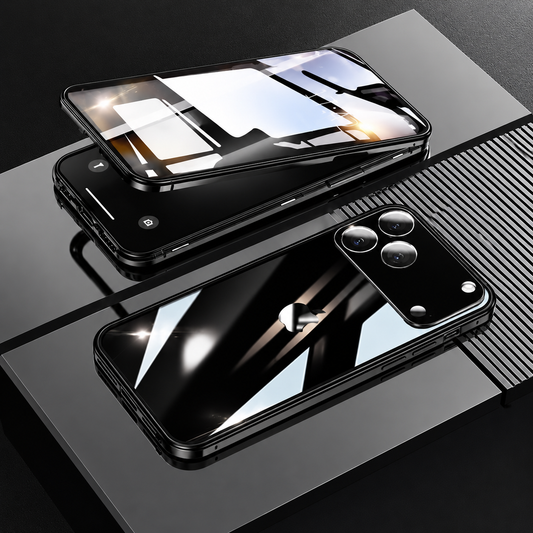 Black-framed reflective phone enclosure on dark blocks, showing its rear camera panel and a lifted transparent front cover above the screen.