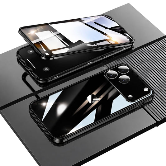 Black glossy phone enclosure shown in rear and separated front-cover views on dark blocks, with window reflections across the clear panels and a broad camera panel.