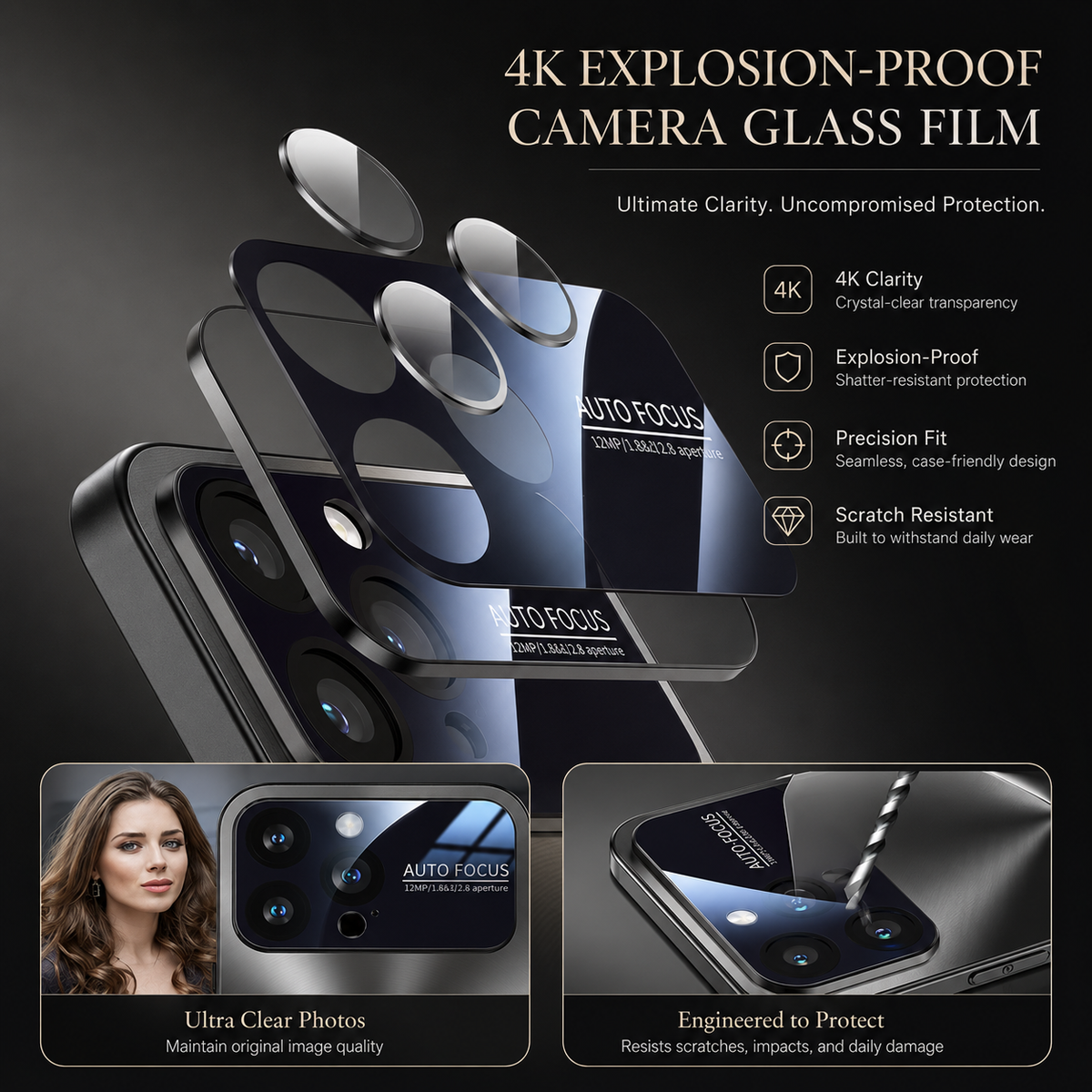 An exploded diagram shows a camera-cover film and circular lens pieces above a dark case, with photo and drill-bit insets. Text advertises clarity, fit and scratch resistance.