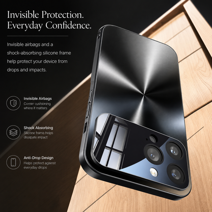 A dark radial-patterned phone case is illustrated suspended over wooden flooring. Text advertises corner cushioning, shock absorption and protection against drops.