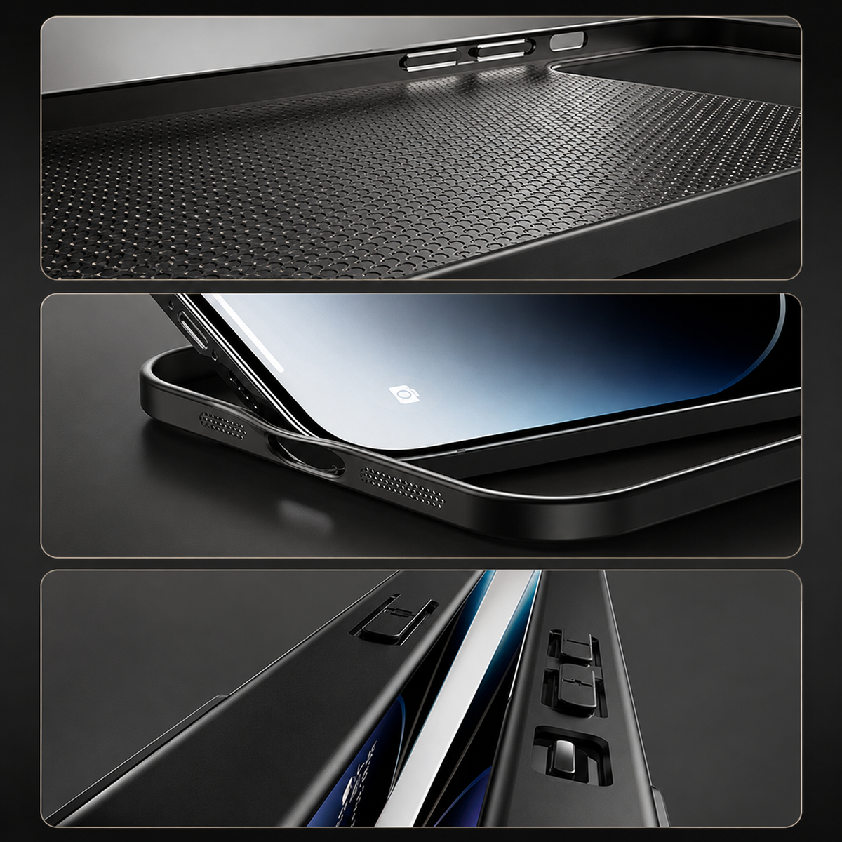 Three close-up panels show a case’s dotted interior lining, bottom charging and speaker openings, and raised side controls.