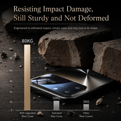 A dark radial-patterned phone case appears beneath heavy stone blocks beside a bar chart. The graphic claims 80 kg resistance for an upgraded rear cover versus 10 kg and 5 kg for comparison covers.