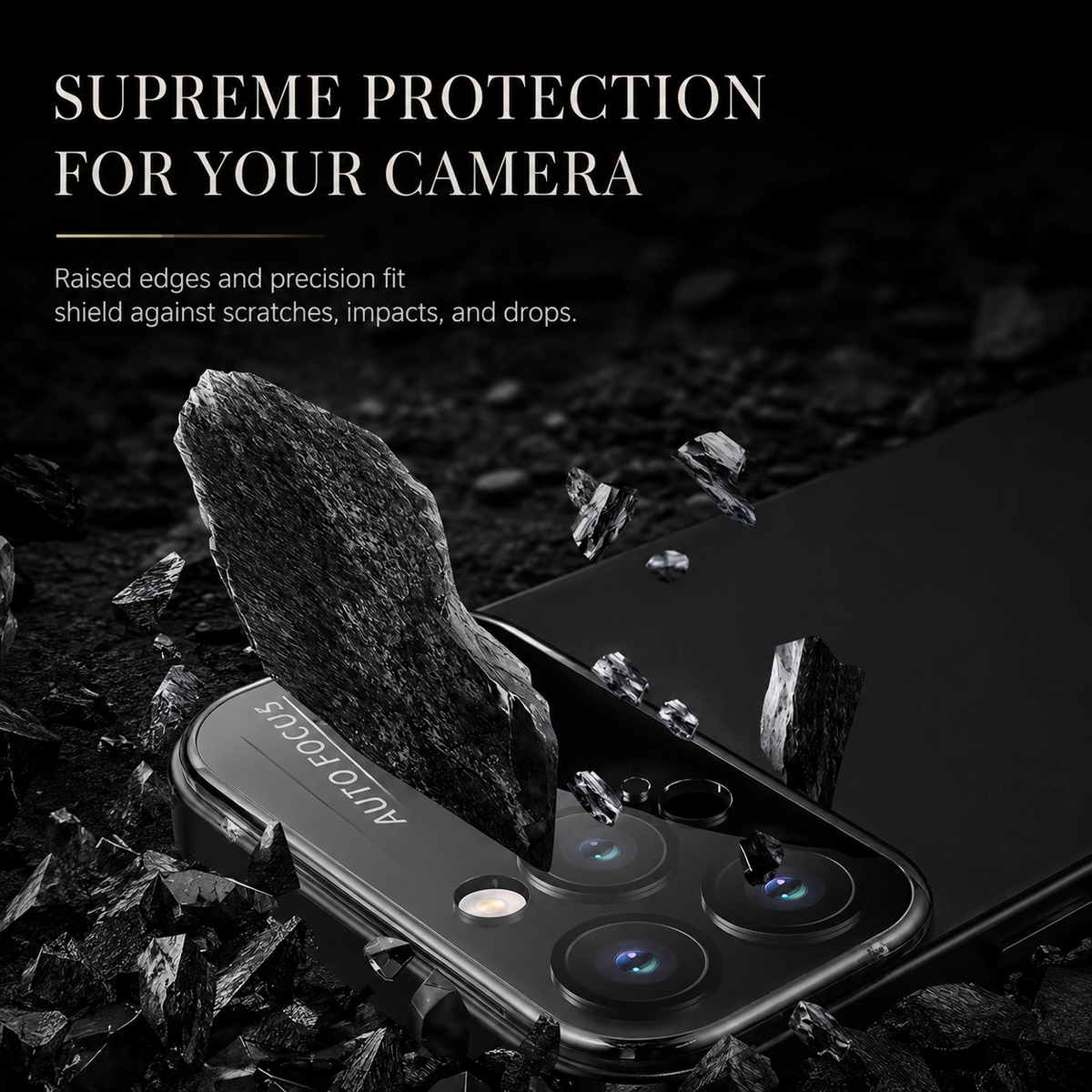 A large stone is illustrated striking a glossy camera panel amid flying fragments. Text advertises raised edges and camera protection against scratches, impacts and drops.