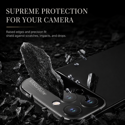 A large stone is illustrated striking a glossy camera panel amid flying fragments. Text advertises raised edges and camera protection against scratches, impacts and drops.