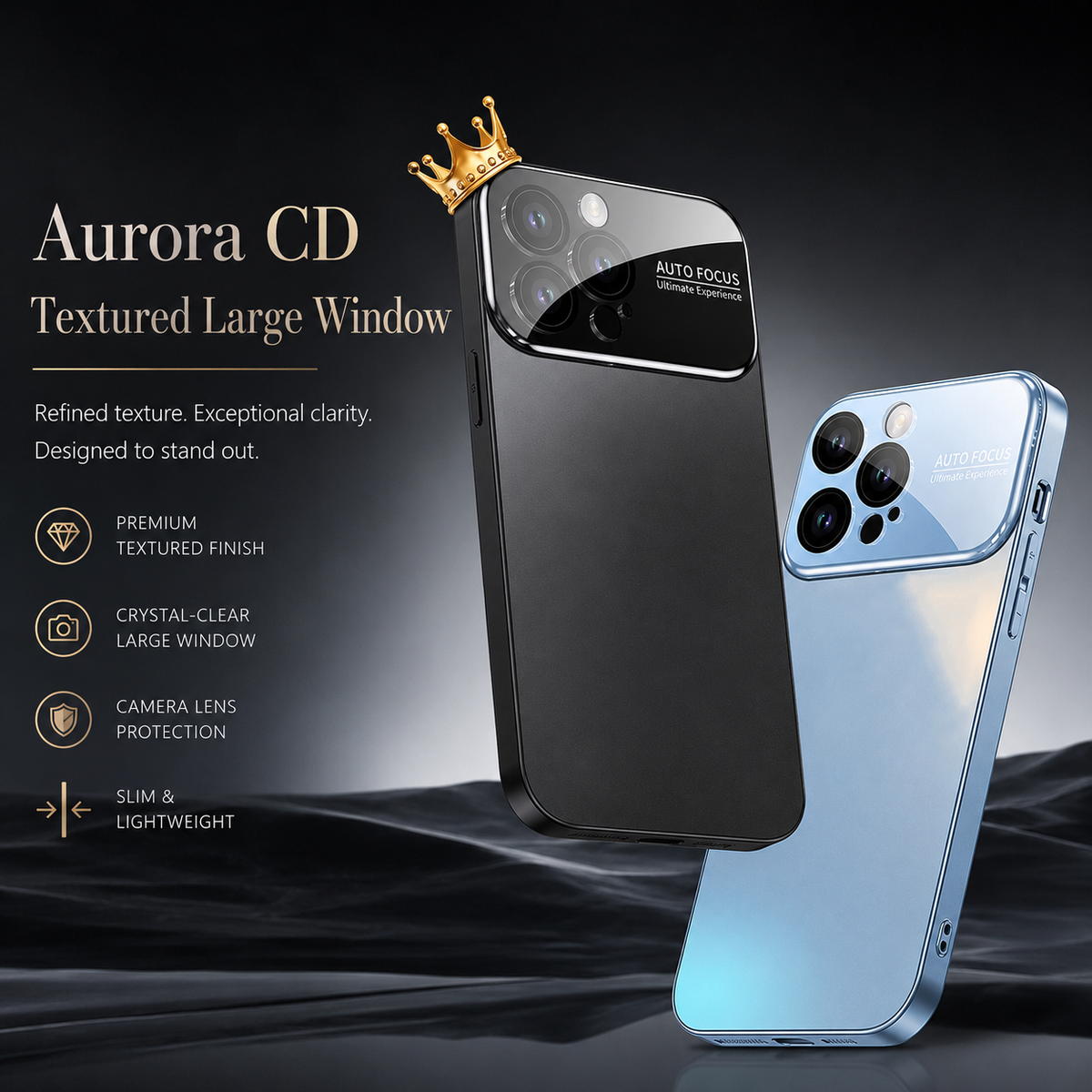 Dark and pale blue phone cases stand against a dark background, with a small gold-colored crown above the dark case. “Aurora CD” text advertises texture, camera-window clarity and light weight.