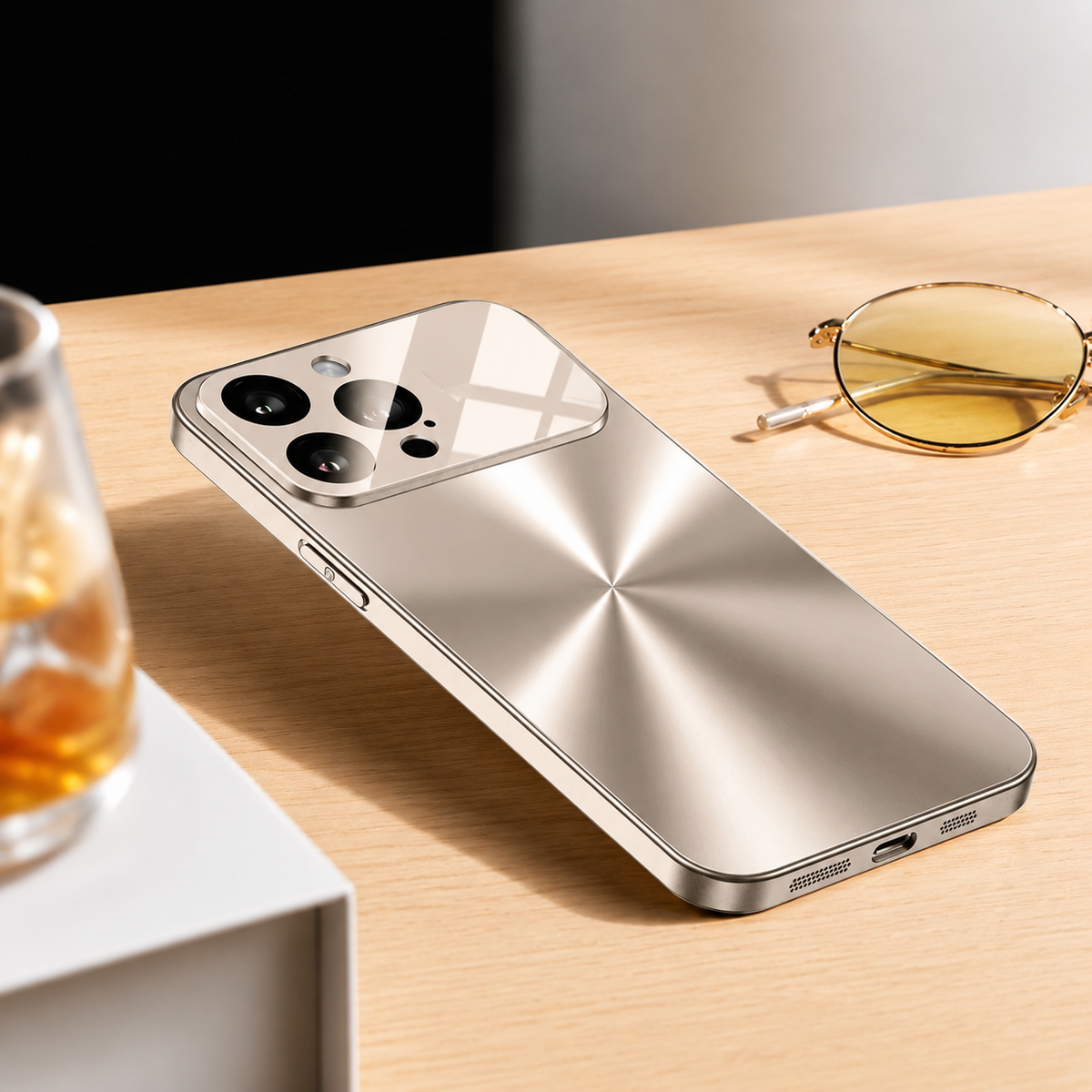A champagne-colored metallic-looking phone case rests beside yellow-tinted glasses and a drink on wood. A radial brushed pattern radiates across its back.