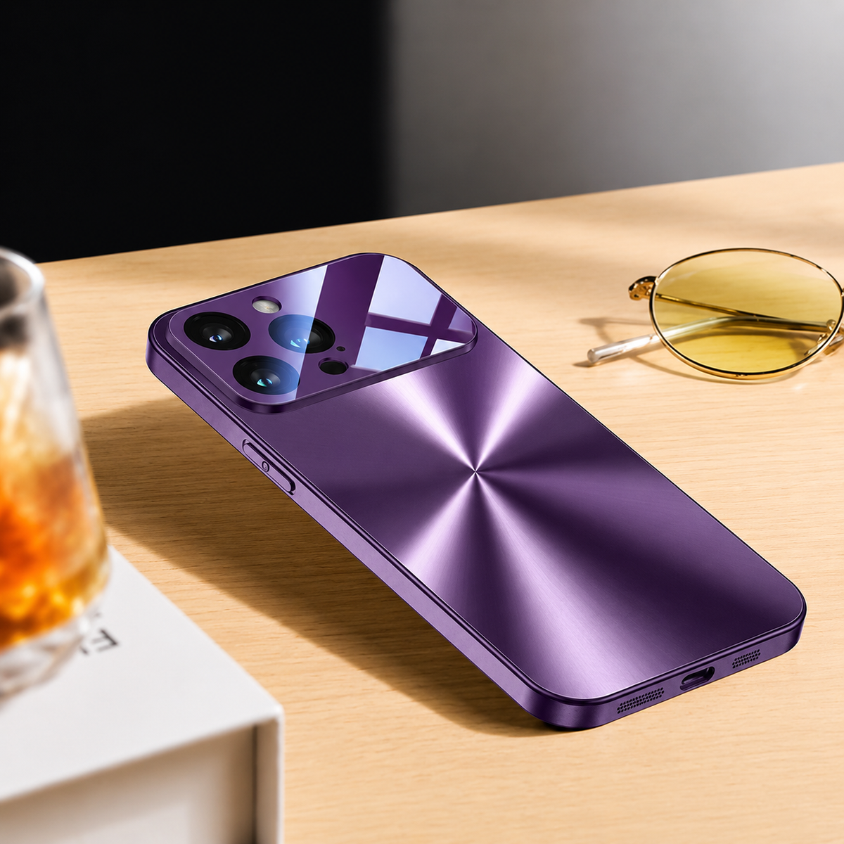 A purple metallic-looking phone case rests on a wooden table beside yellow-tinted glasses and a drink. Its broad camera panel reflects a window above a radial brushed rear pattern.